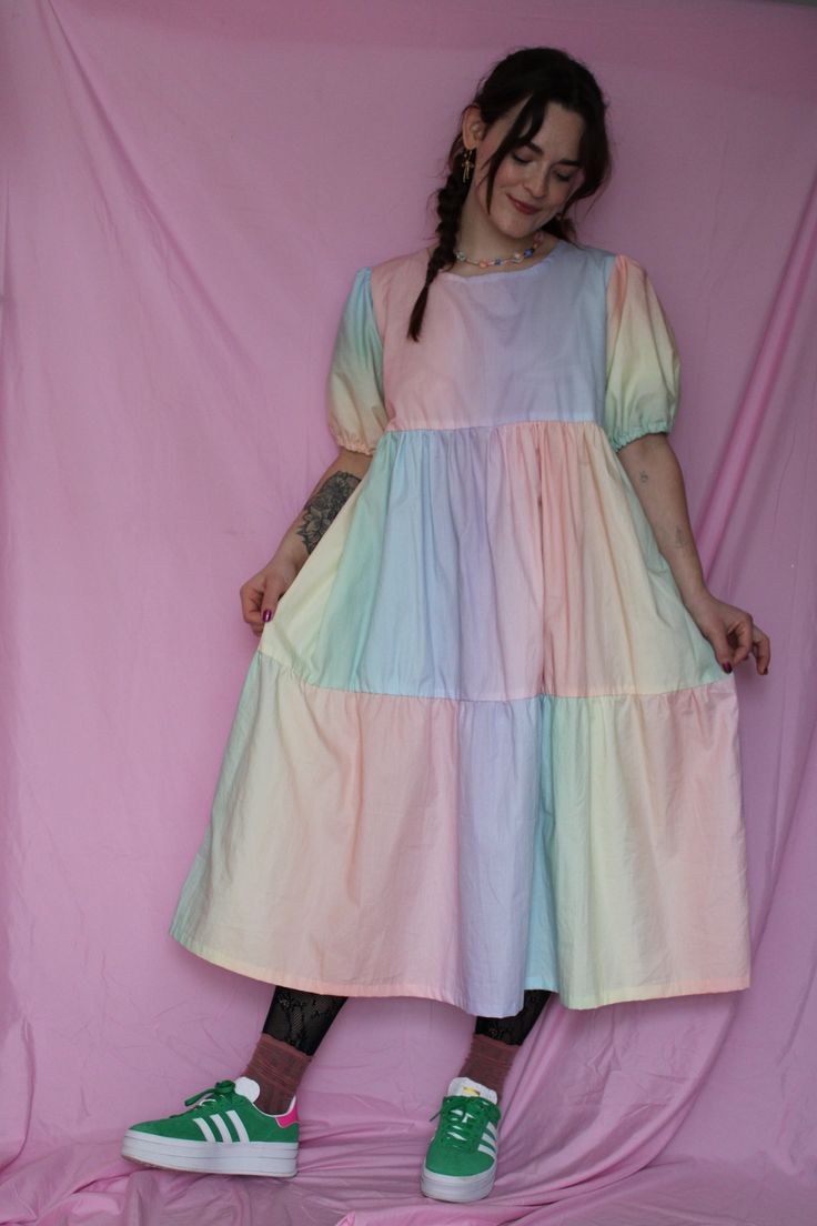 Faye Dress - Pastel Rainbow Fitted Dress With Gathered Sleeves And Tiered Skirt, Smocked Sundress For Daywear, Puff Sleeve Cotton Maxi Dress With Ruffles, Smock Sundress For Daywear, Daywear Puff Sleeve Tiered Dress With Ruffles, Daywear Puff Sleeve Dress With Tiered Skirt And Ruffles, Cotton Maxi Dress With Ruffles And Puff Sleeves, Tiered Ruffle Hem Dress For Daywear, Daywear Puff Sleeve Dress With Ruffles And Tiered Skirt