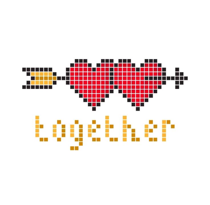 two hearts with the word love spelled in yellow and red pixels