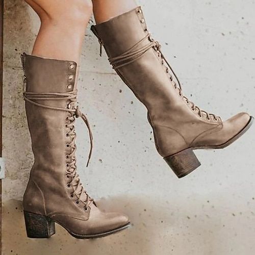 Category:Boots; Upper Materials:PU; Season:Fall,Winter; Heel Type:Chunky Heel; Gender:Women's; Toe Shape:Round Toe; Type:Knee High Boots; Style:Casual,Industrial Style; Heel Height(inch):2-3; Outsole Materials:Rubber; Occasion:Daily,Outdoor; Closure Type:Lace-up; Listing Date:09/14/2023; Production mode:External procurement; 2024 Trends:Motorcycle Boots,Plus Size,Work Boots; Size chart date source:Provided by Supplier. Viking Boots, Khaki Heels, Thick Heel Boots, Lace Up Boots Women, Boots Female, Popular Boots, Boots Woman, Trendy Boots, Tall Riding Boots