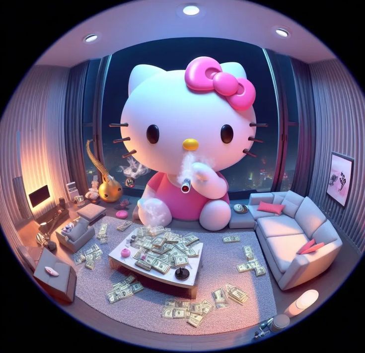 a hello kitty doll sitting on top of a couch next to a pile of money