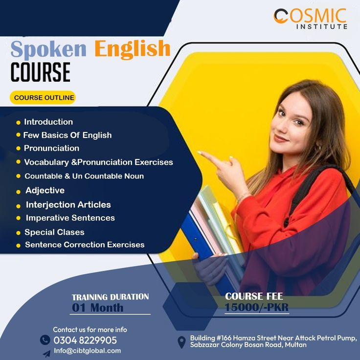 a flyer for an english course with a woman pointing at the camera and holding books in her hand