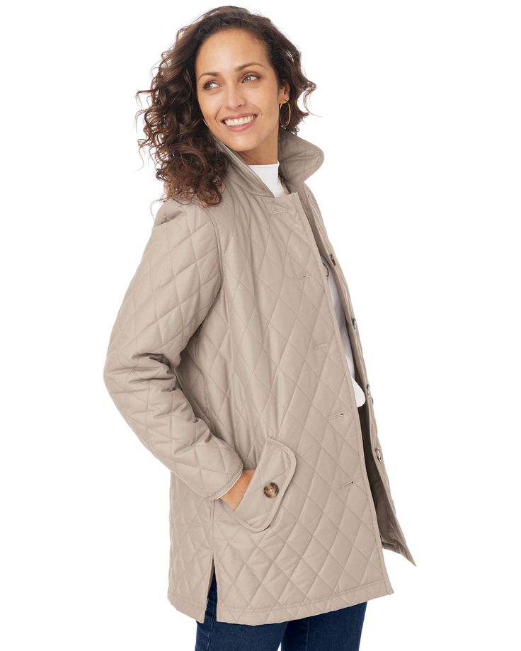 You'll want to take this one for a spin (and ideally, in every color). A lightweight Quilted Car Coat is your new everyday-essential in this cozy button-up layering piece. With two handy side pockets and a water-resistant shell, this one bravely faces the elements with the necessary element of style. Women’s button-up quilted car coat with a soft brushed fabric finish. Outer shell treated for wind and water resistance. Faux-horn buttons and rounded collar. Front angled pockets with decorative bu Womens Lightweight Jacket, Bohemian Print Dress, Womens Quilted Jacket, Bohemian Print, Lightweight Quilt, Car Coat, Makeup Clothes, 40s Fashion, Elements Of Style