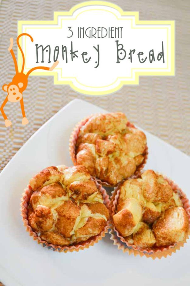 three muffins on a white plate with the words 3 ingredient makey bread