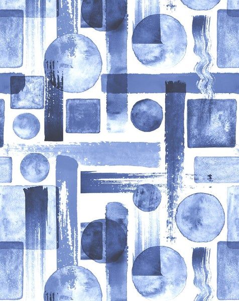 an abstract blue and white background with circles, squares, and rectangles on it