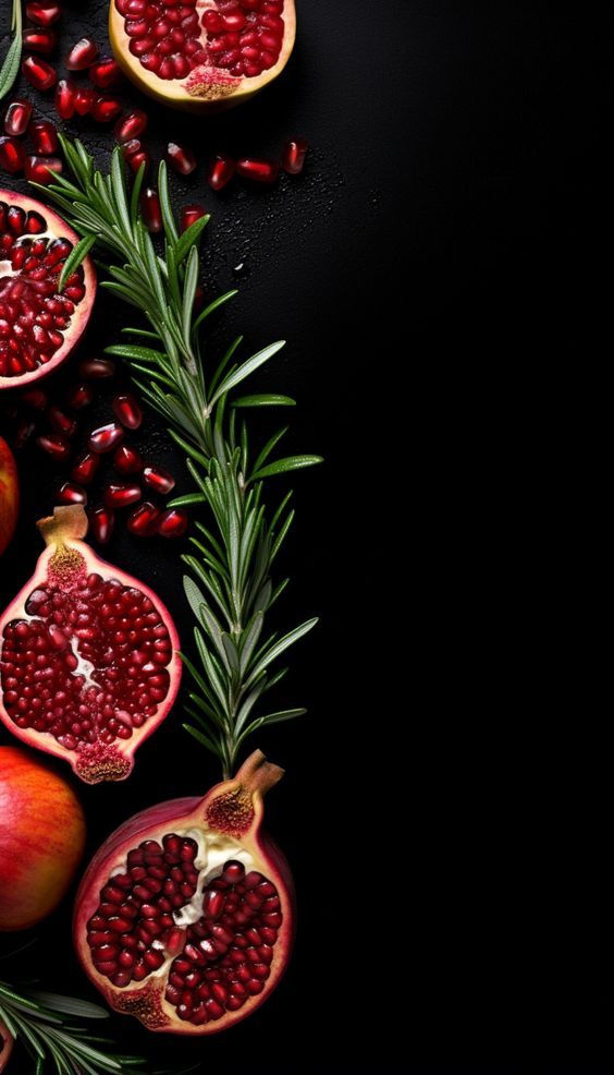 pomegranates and leaves on a black background