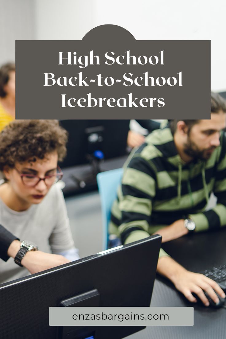 two people working on laptops in an office with the words high school back - to - school icebreakerers