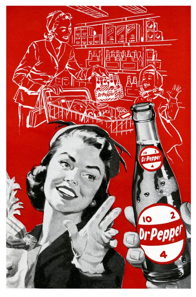 an advertisement for dr pepper's soda with a woman holding up a bottle and pointing to the side