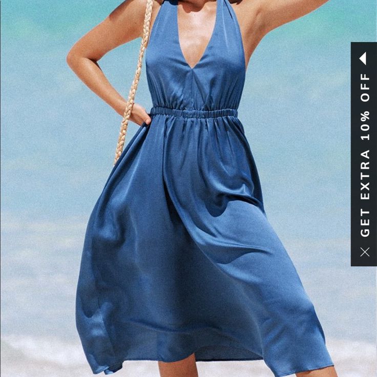 Nwt :) Summer Blue Backless Midi Dress, Summer Backless Midi Dress For Brunch, Chic Backless Midi Beach Dress, Chic Midi Dress For Beach Season, Chic Backless Midi Dress For Beach, Blue Halter Neck Dress For Brunch, Elegant Blue Beach Dress For Spring, Blue Backless Sundress Midi Dress, Blue Summer Halter Dress For Brunch