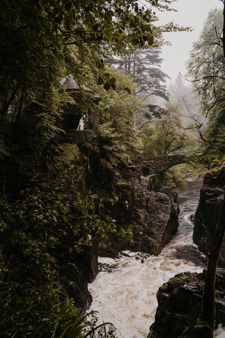 two people are standing on the edge of a cliff above a river in the woods