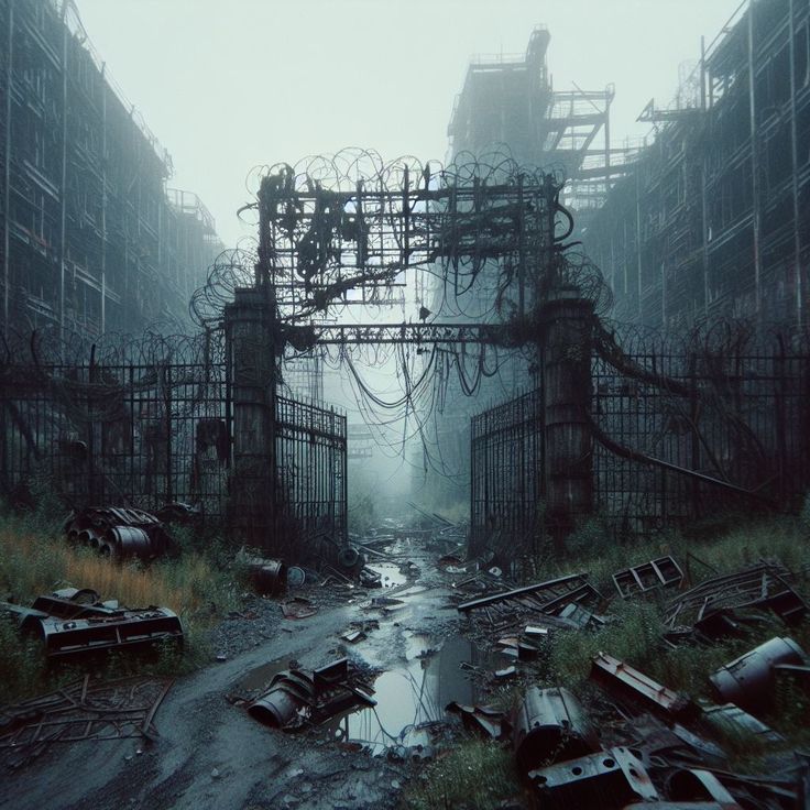 an abandoned city with lots of metal structures