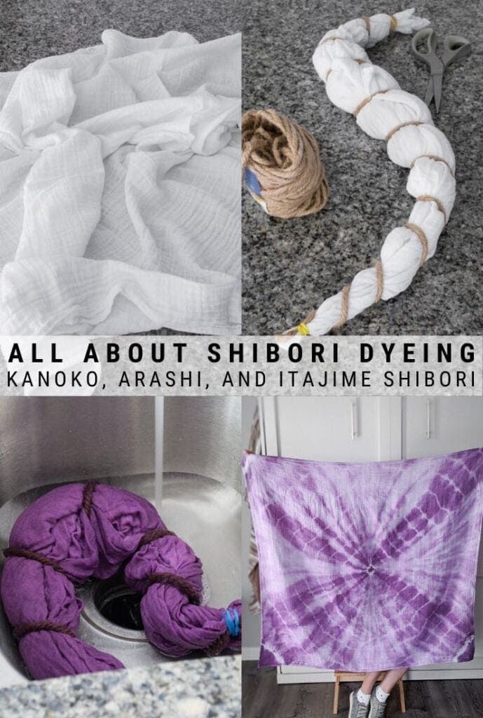 there are four pictures with different things in them and the words, all about shibori dyeing kannoko, arashi, and tahitie shibori