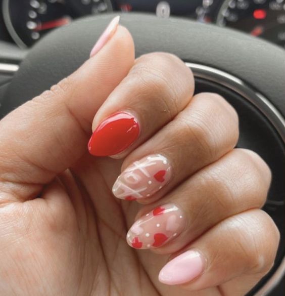 90+ Fab and Flirty Valentines Day Nail Art for 2024 - Hike n Dip Vday Nail Inspo Almond, Short Round Nails Valentines, Short Nails Inspiration Valentines Day, Dainty Valentines Day Nails, Cute V Day Nails, Valentine Day Nails Almond, Squoval Valentine Nails, Short Valentines Acrylics, Valentines Builder Gel Nails