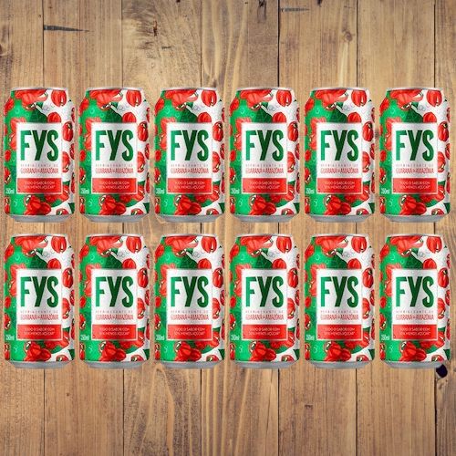 twelve cans of fyss on a wooden table with red berries and cherries