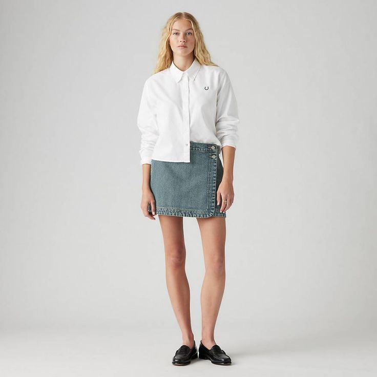 Wrap Skirt - Dark Wash | Levi's® US Fitted Cargo Skirt With Button Closure, Workwear Mini Skort With Button Closure, Relaxed Mini Denim Skirt, Mini Skirt With Buttons, Workwear Skort With Button Closure And Short Length, Summer Workwear Button-up Mini Skirt, Workwear Mini Skirt With Button Closure, Workwear Skort With Button Closure, Fitted Cargo Skirt With Button Closure For Spring