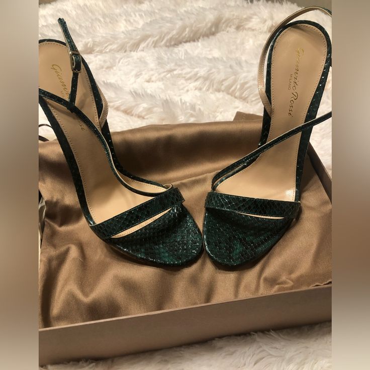 Brand New In Original Box With Dust Bags. Never Worn. These Were Limited Edition! I Bought In A Boutique In Nj A Few Years Ago. Gorgeous Emerald Green Python Skin. 100mm Heel Height. Elegant Green Heels With 4-inch Heel, Luxury Green High Heels, Luxury Green Open Heel Heels, Luxury Green Heels For Evening, Luxury Open Toe Heels For Date Night, Chic Green Heels For Cocktail, Chic Green Heels For Events, Luxury Green Heels For Cocktail, Glamorous Green Heels For Evening