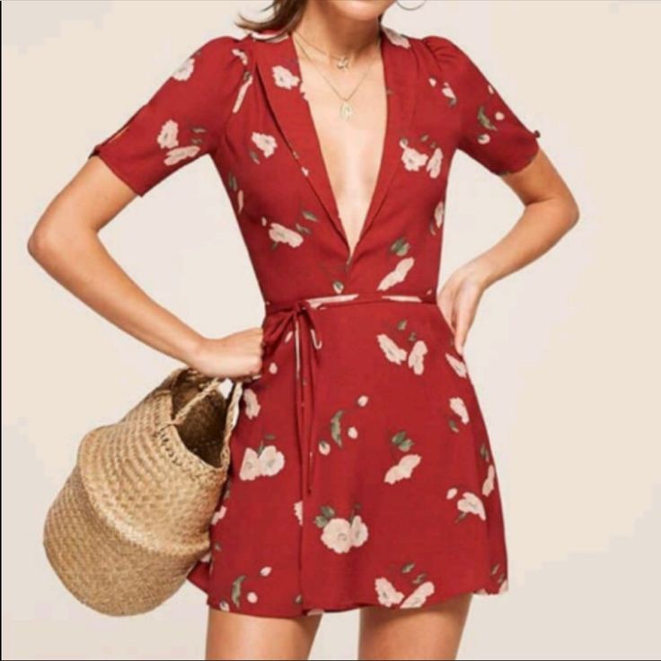 In A Great Condition. It Would Fit 2-6 Due To Adjustable Ties At Waist Flirty Red Dress For Day Out, Red Knee-length Mini Dress Feminine Style, Red Knee-length Feminine Mini Dress, Red V-neck Mini Dress For Summer, Red V-neck Mini Dress For Brunch, Flirty Red Floral Print Dress, Red Short Sleeve Dress With Tie Waist, Red Knee-length Mini Dress For Spring, Red Fitted Mini Dress With Floral Print