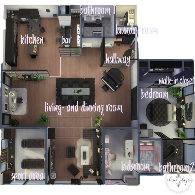 an overhead view of a living and dining room floor plan