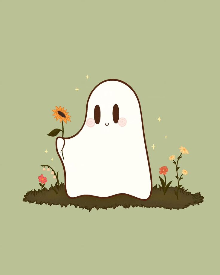 a cartoon ghost with a sunflower in its mouth and grass on the ground next to it