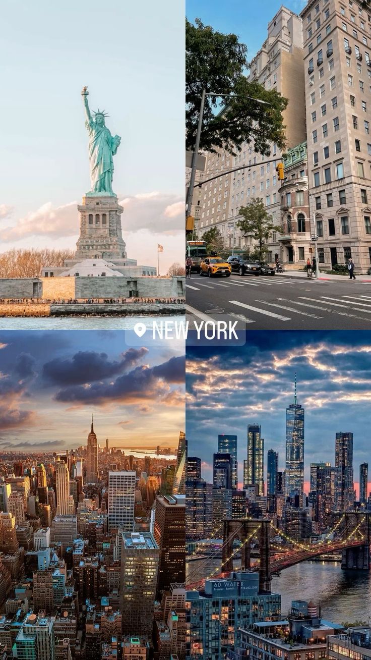 there are two different views of new york and the statue of liberty in this photo