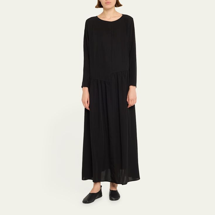 THE ROW "Callas" dress with asymmetrical panels Round neckline Long sleeves Gathered skirt Side seam pockets Full length Slipover style Cupro Made in Italy Black Suede Pumps, Mule Sandals, Gathered Skirt, Suede Pumps, Bergdorf Goodman, Soft Suede, Black Maxi Dress, Mule, Suede Leather