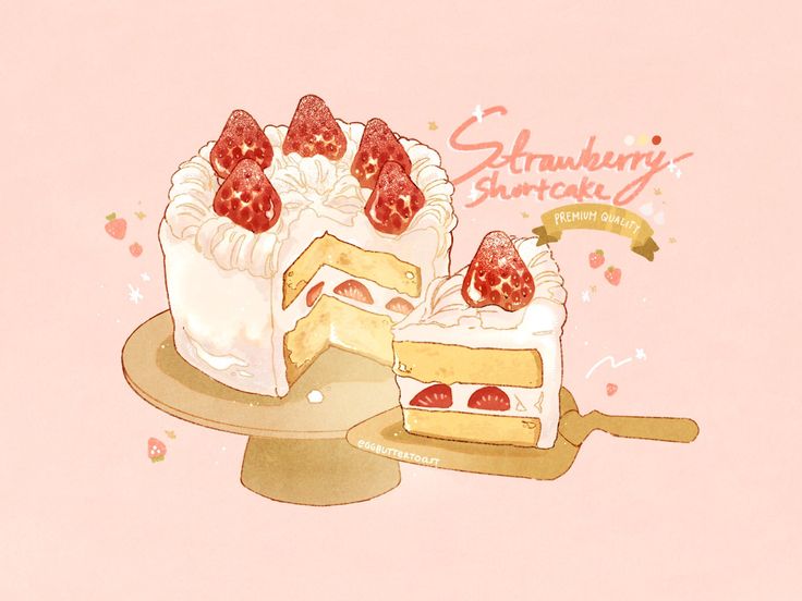 there is a piece of cake with strawberries on the top and one slice missing