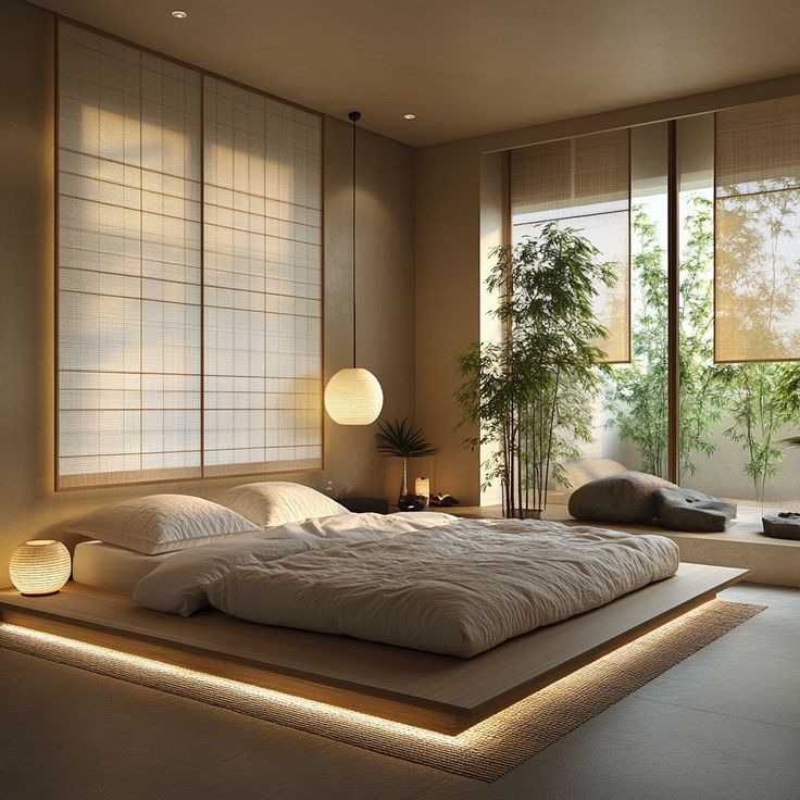 a large bed sitting in a bedroom next to a window with bamboo blinds on the windowsill