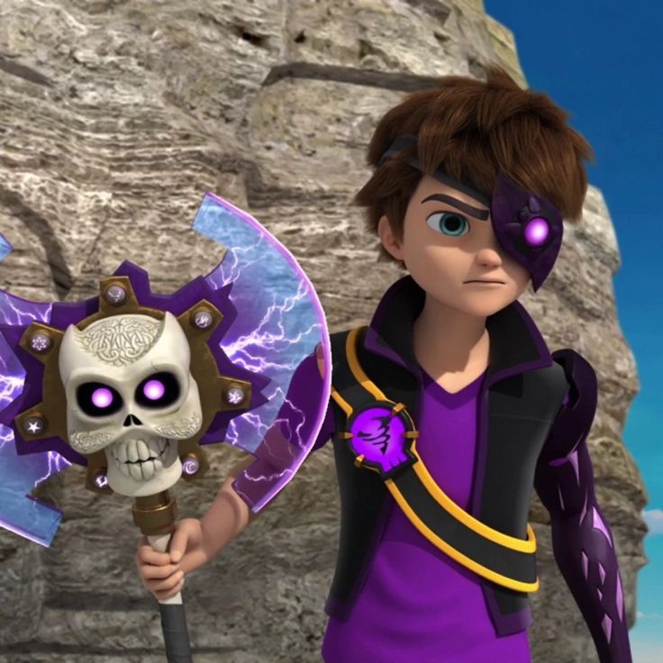 the animated character is holding a skull and an ax in front of a rock face