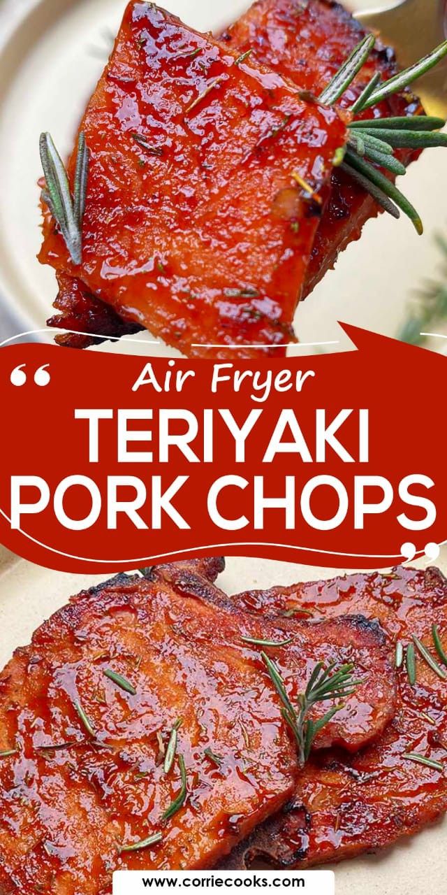 two pieces of pork chops on a plate with rosemary garnish and the words air fryer teriyaki pork chops