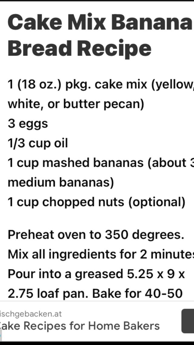 the recipe for cake mix banana bread recipe is shown in black and white, with instructions to make it