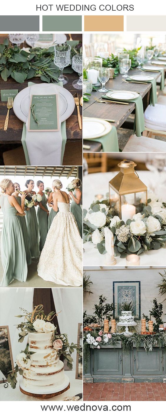 wedding color palettes for the bride and groom's green, white and gold theme