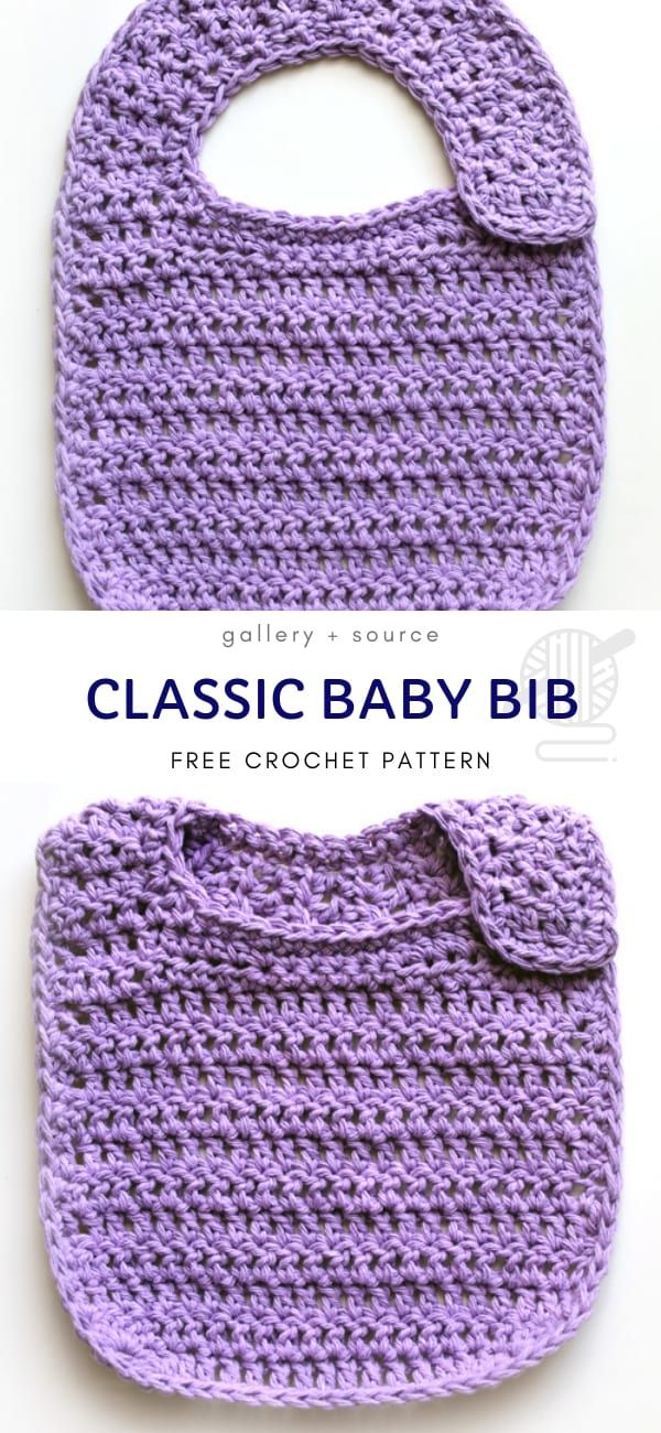 two crocheted bibs are shown with the words classic baby bib