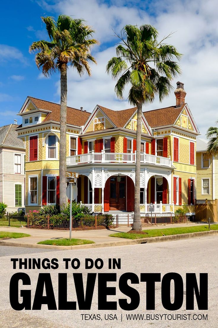 a yellow house with palm trees in front and the words things to do in galveston texas usa