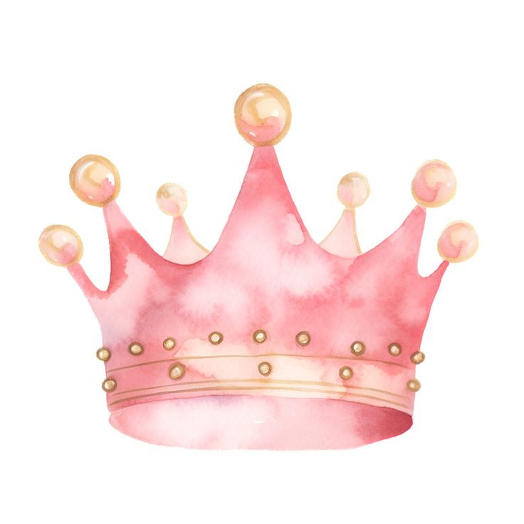 a watercolor drawing of a pink crown with gold studs and pearls on it