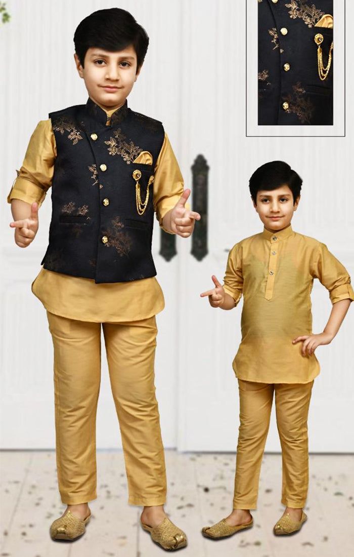 Boys Sherwani & Pant made from print silk fabric by Paaie LLC. This Sherwani has a front button closure placket, full sleeves and side pockets for increased functionality, suitable for festivals and party wear. Kids measurements for basic knee length in INCHES Size Age Shoulder Chest Waist 1 Size 2-3Y 10 25 18 2 Size 3-4Y 10.5 25 18 3 Size 4-5Y 11 26 19 4 Size 5-6Y 11.5 28 20 5 Size 6-7Y 12 29 22 6 Size 7-8Y 12 29 22 7 Size 8-9Y 13 30 22 8 Size 9-10Y 14 32 22 9 Size 10-11Y 14 32 24 10 Size 11-12 Bollywood Style Long Sleeve Pant Set For Eid, Eid Party Bandhgala Straight Kurta, Fitted Dabka Pant Set For Eid, Unstitched Long Sleeve Pant Set For Festive Occasions, Eid Party Pant Set With Straight Kurta, Party Eid Pant Set With Straight Kurta, Traditional Dabka Pant Set For Eid, Traditional Fitted Pant Set For Eid, Festive Long Sleeve Pant Set With Dabka