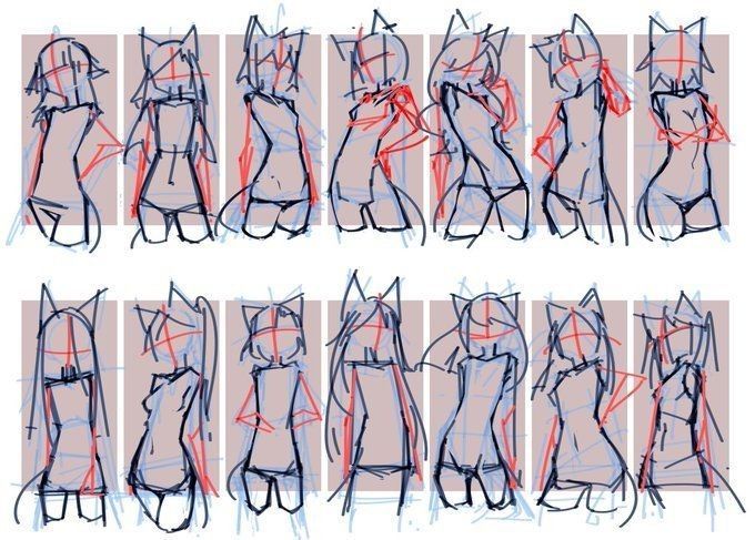 some sketches of cats with different poses and hair on their backs, one in the process of being drawn