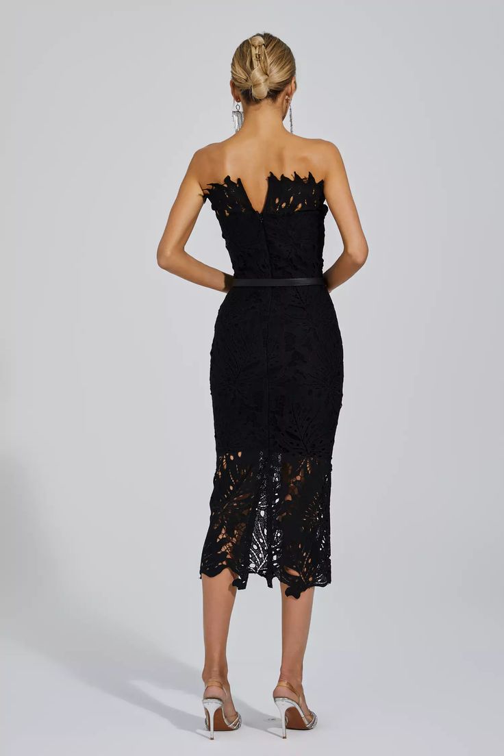 Elegant Night Dress, Lace Cocktail Dress, Black Midi Lace Dress For Night Out, Elegant Black Lace Midi Dress, Anniversary Outfits For Women, Bodycon Dress Outfit Party, Chic Black Midi Dress With Scalloped Lace, Black Lace Midi Dress With Sheer Sleeves, Black Lace Midi Dress With Sheer Details