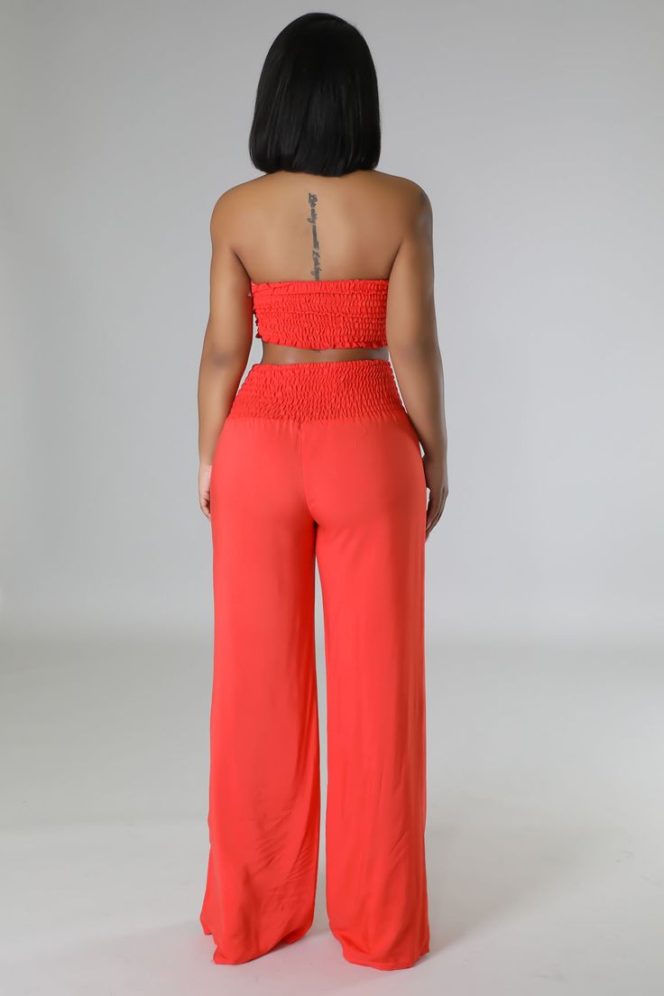 Casual Strapless Wide Leg Jumpsuit, Casual Strapless Wide Leg Jumpsuit With Stretch, Casual Stretch Strapless Wide Leg Jumpsuit, Casual Strapless Wide-leg Jumpsuit With Stretch, Casual Two-piece Set Bottoms For Vacation, Fitted Rayon Bottoms For Vacation, Solid Color Wide Leg Sets For The Beach, Solid Color Wide Leg Sets For Beach, Solid Color Wide Leg Beach Sets