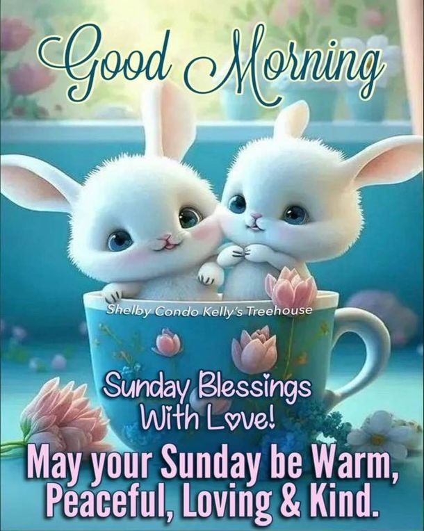 two white rabbits sitting in a cup with the words good morning