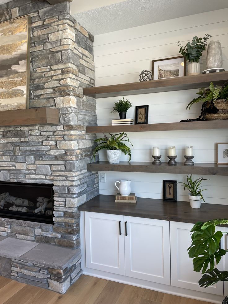 a stone fireplace with shelves and potted plants