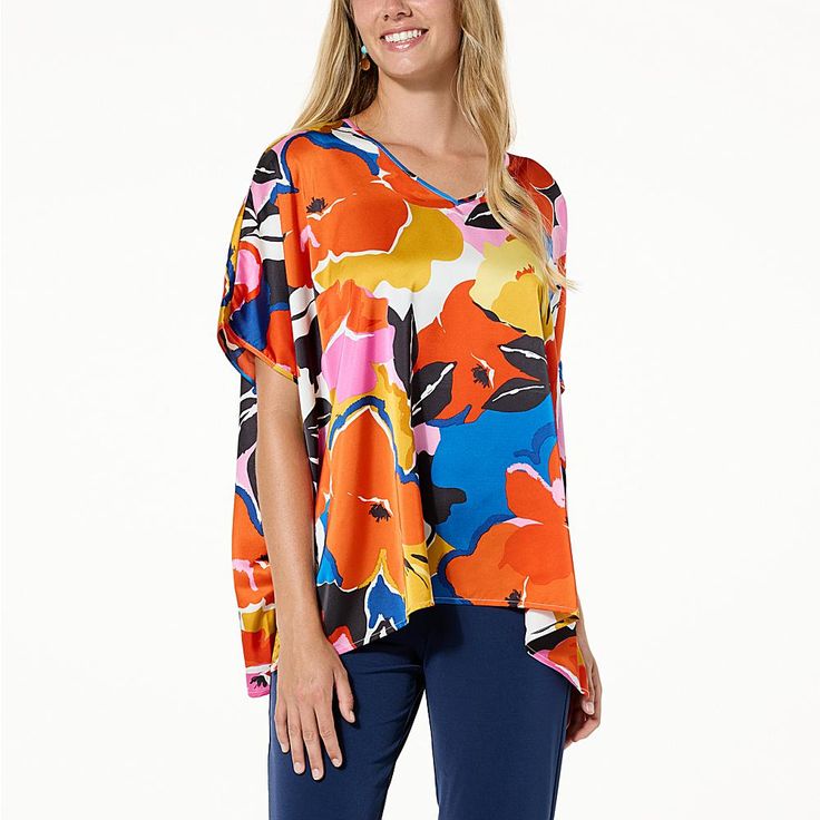 IMAN Global Chic Printed Satin Scarf Top  Take your look from ordinary to extraordinary with this eye-catching printed top that makes the perfect complement to your favorite bottoms. Chic V-neck Top With Bold Print, Bold Spring Tops For Day Out, Patterned Tops With All Over Print For Vacation, Chic Spring All Over Print Tops, Chic Spring Tops With All Over Print, Chic All Over Print Tops For Spring, Chic All Over Print Spring Tops, Bold Printed Summer Tops, Bold Printed Tops For Summer