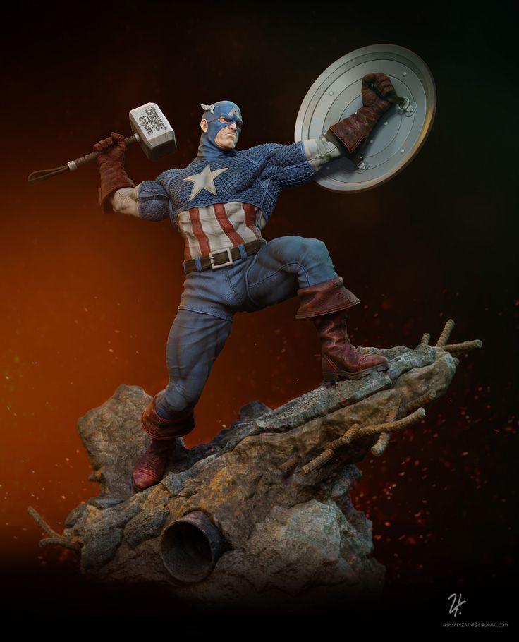 a statue of captain america holding a hammer