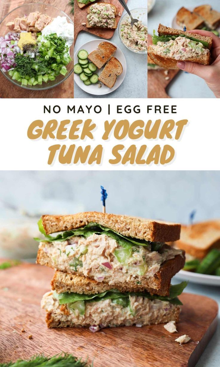 Collage of images of the tuna salad with the text, "No Mayo, Egg Free Greek Yogurt Tuna Salad." Yogurt Tuna Salad, Tuna Salad No Mayo, Greek Yogurt Tuna Salad, Healthy Tuna Salad, What Is Healthy Food, Healthy Foods To Make, Healthy Tuna, Tuna Salad Recipe, Nonfat Greek Yogurt