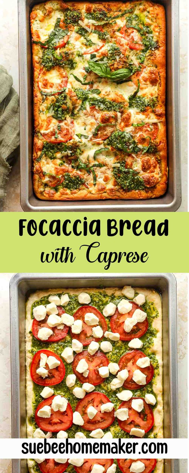 three different types of pizza in pans with the words focaccia bread with caprese