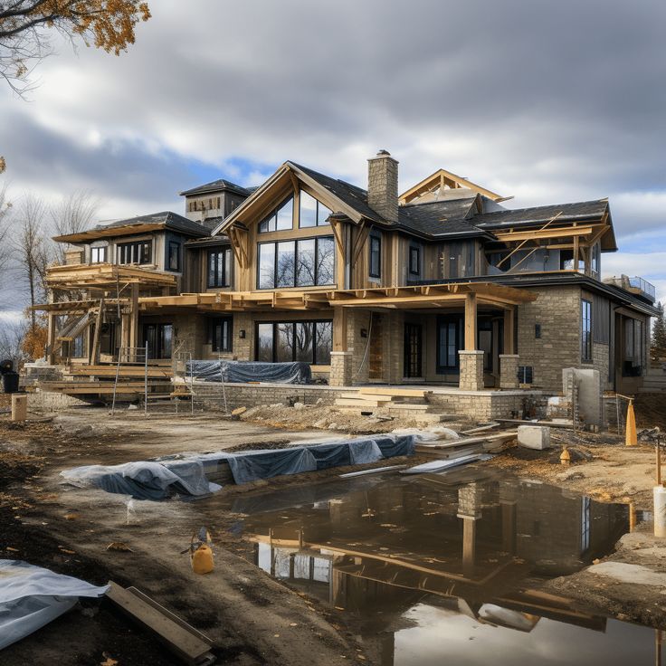 a large house under construction with water in the foreground