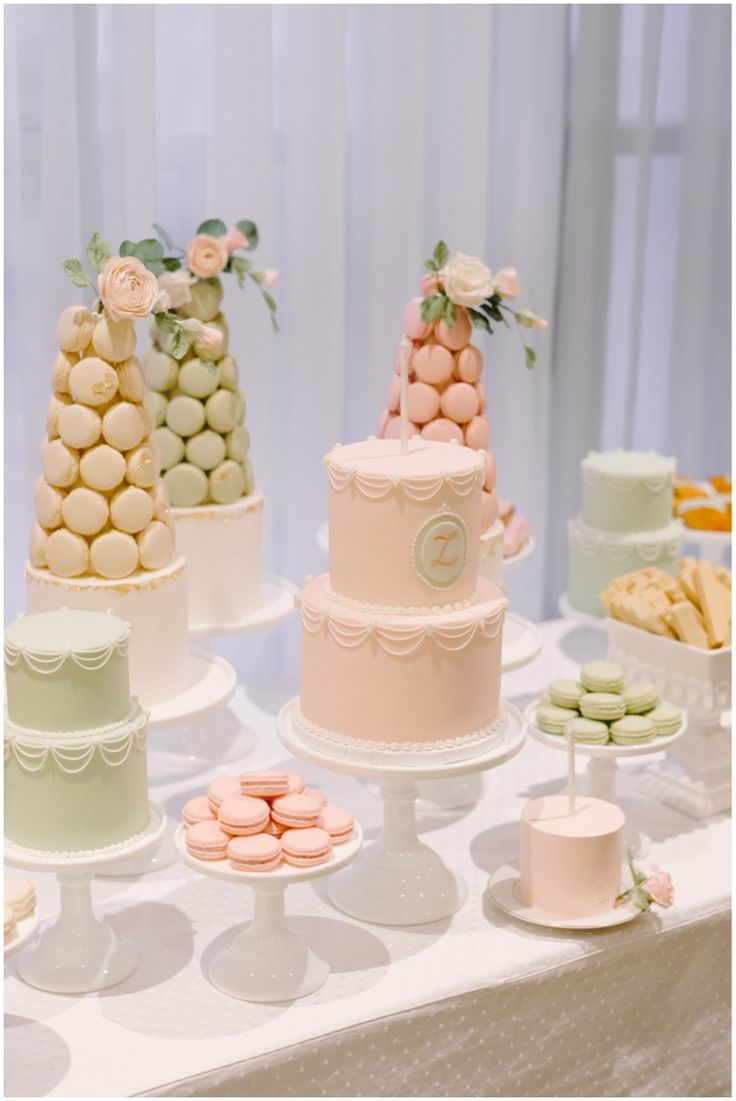 a table topped with lots of cakes and desserts