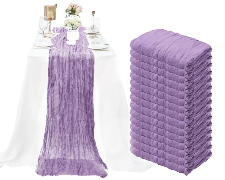 two tables with white linens and purple tablecloths on them, one in the shape of a rectangle