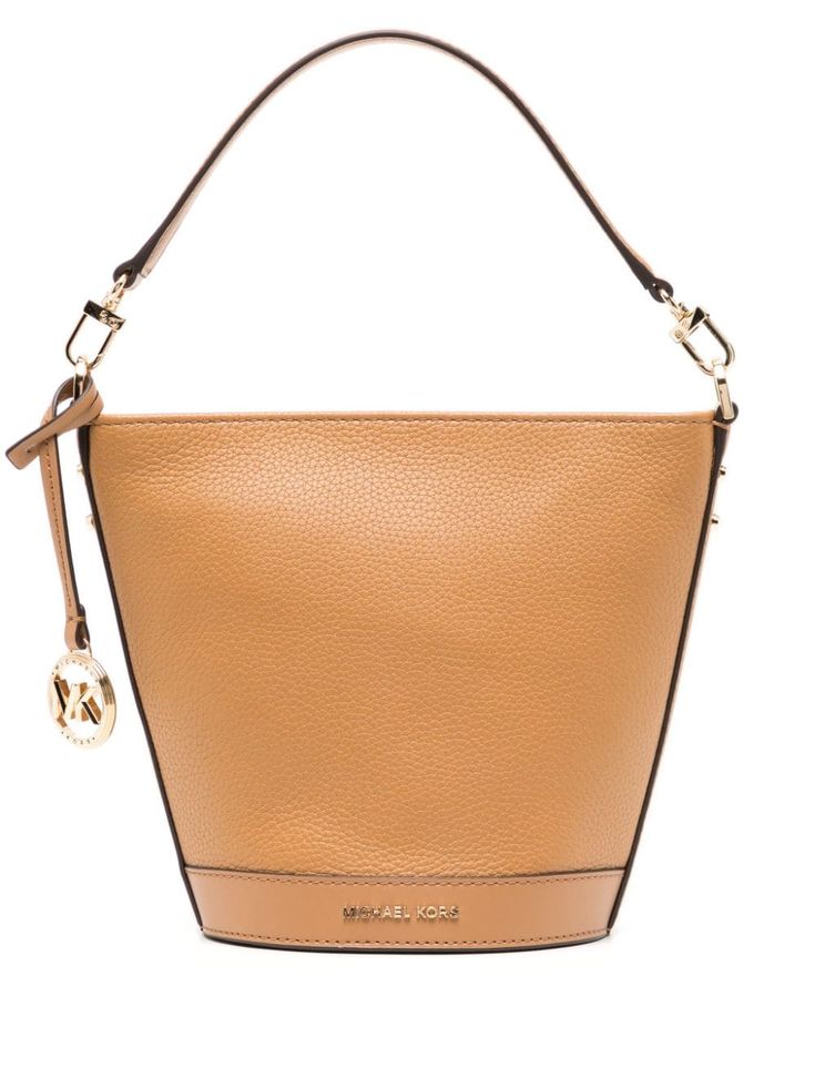 camel brown leather grained texture gold-tone logo plaque logo charm single top handle detachable shoulder strap top zip fastening internal slip pocket bucket body Strap Top, Strap Tops, Gold Texture, Bucket Bag, Top Handle, Brown Leather, Camel, Gold Tones, Shoulder Strap