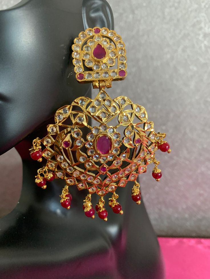 Kundan ruby earrings Formal Red Ruby Earrings, Red Ruby Dangle Chandelier Earrings, Elegant Pink Dangle Chandbalis, Pink Ruby Earrings For Anniversary, Red Earrings For Formal Festive Occasions, Party Red Gemstone Earrings, Red Festive Earrings For Formal Occasions, Red Formal Earrings For Festive Occasions, Ruby Jewelry With Intricate Design For Parties