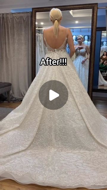 a woman in a wedding dress looking into a mirror with the words, before and after