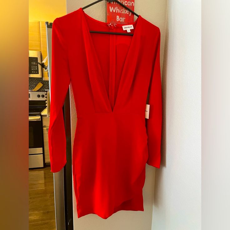 Nwt: Sexy Red Cocktail Dress With Deep Open V Neck. Purchased In Revolve. Brand: Superdown. Red V-neck Dress For Going Out, Oversized Blazer Dress, Bright Pink Dresses, Red Drapes, Wrap Shirt Dress, Long Sleeve Turtleneck Dress, Twist Front Dress, Deep V Dress, Sparkle Sweater